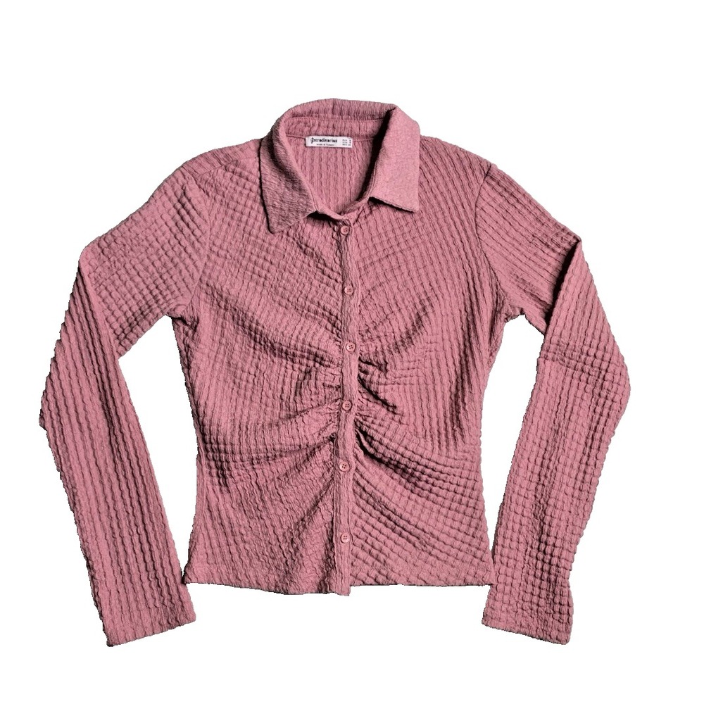 Stradivarius Rose Pink Ruched Button Front Shirt Blouse Size Small Long Sleeve
